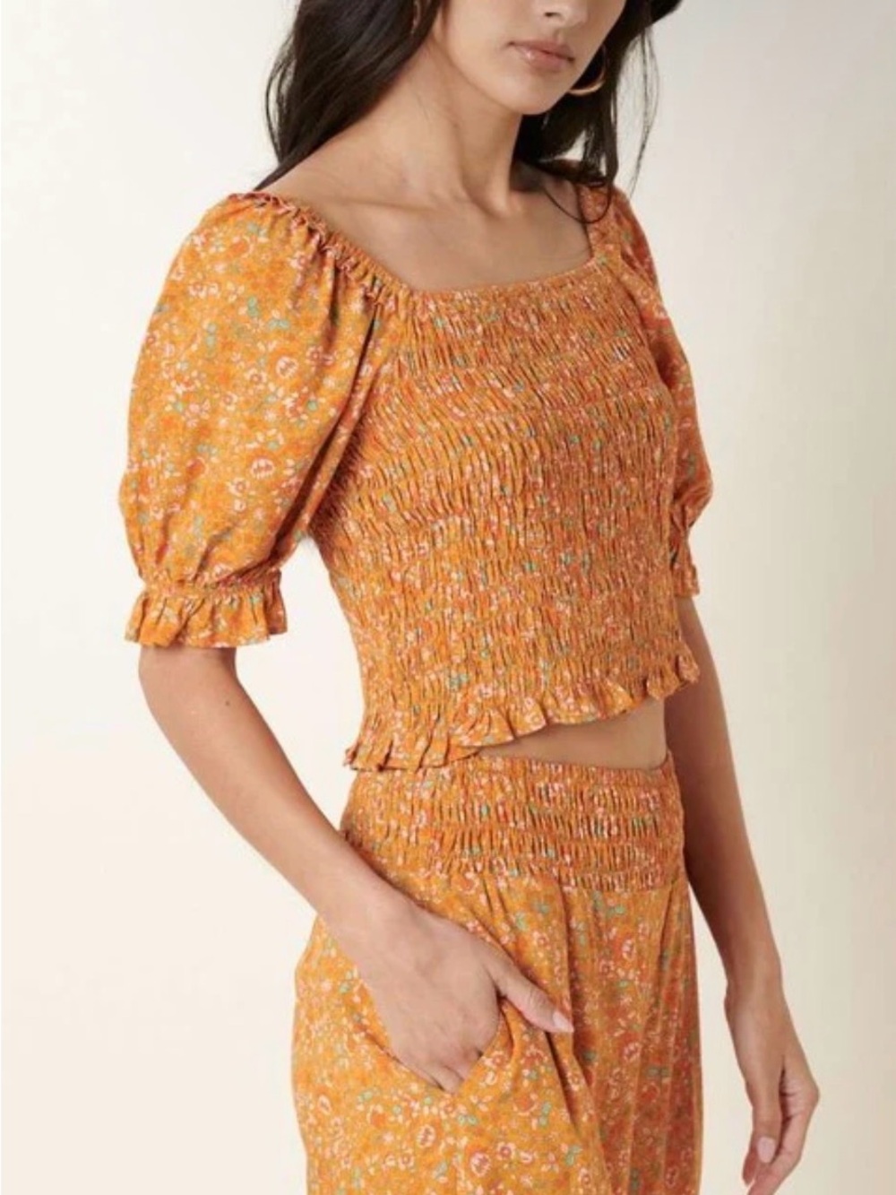 mittoshop Orange Floral Smocked Square-Neck Crop Top